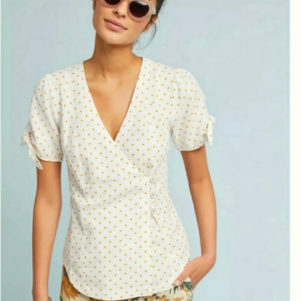 Maeve By Anthropologie linen blend short sleeve wrap shirt.